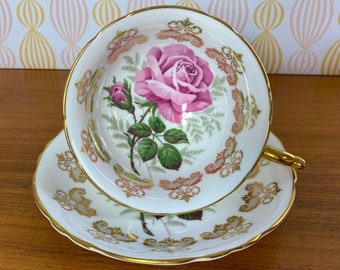 Rare Paragon Rose Tea Cup and Saucer, Large Pink Rose Teacup and Saucer with Gold Accents 1960s Floating Rose Long Stem Rose Collectible