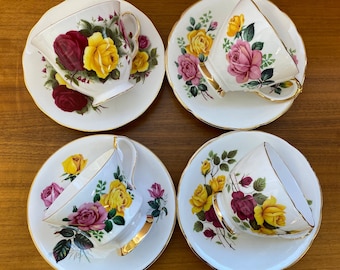 Mismatched Lot of Rose Teacups and Saucers, Bone China Tea Cups and Saucers, Rose Garden Tea party, Windsor, Delphine and Queen Anne China