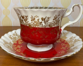 Royal Albert Red Teacup and Saucer, Gold Floral Tea Cup and Saucer, Vintage Bone China #4396