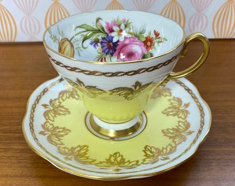 Tasse à thé et soucoupe Foley jaune EB, tasse à thé et soucoupe Foley China Bouquet floral