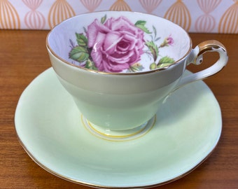 Aynsley Large Pink Cabbage Rose Tea Cup and Saucer, Pale Lime Green Teacup and Saucer with Pink Rose