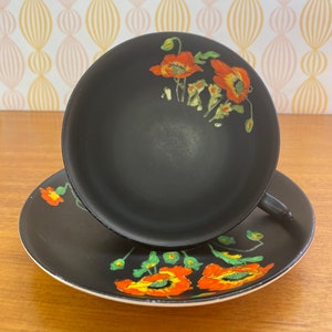 Matte Black Tea Cup and Saucer, Hand Painted Orange and Yellow Poppies Teacup and Saucer, Atlas Grimwades China Stoke on Trent England