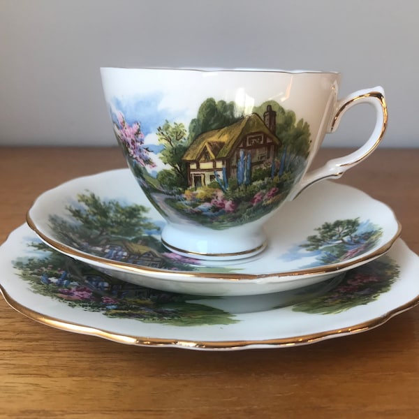 Royal Vale Trio, Teacup Saucer and Plate set, Country Cottage Scene Tea Cup Trio, Fine Bone China, 7382