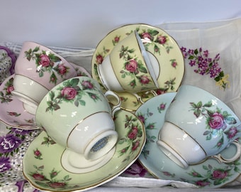 China Tea Cups and Saucers Set, Colclough China Rose Teacups and Saucers Tea Set Pastel Rainbow Tea Party