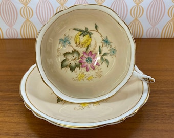 Tasse à thé et soucoupe Peach Parangon, tasse à thé et soucoupe florale en porcelaine de Chine, garantie double