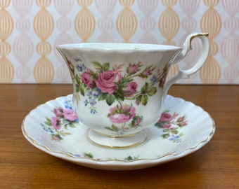 Royal Albert "Moss Rose" Teacup and Saucer, English Bone China Tea Cup and Saucer with Pink Roses and Blue Forget Me Nots