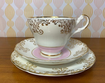 Regency Vintage Teacup Saucer and Plate set, Pink and Gold English Tea Cup Trio, 1950s Bone China set