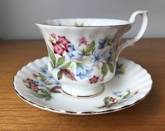Royal Albert Summertime Series Tea Cup and Saucer, Pink and Blue Floral "Bourton" Teacup and Saucer, Vintage Fine Bone China