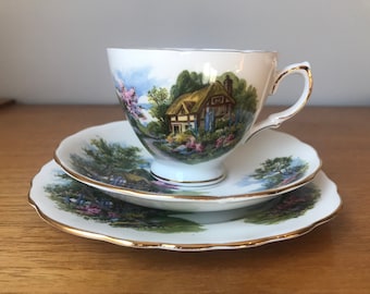 Royal Vale Trio, Teacup Saucer and Plate set, Country Cottage Scene Tea Cup Trio, Fine Bone China, 7382