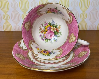 Royal Albert "Lady Carlyle" Tea Cup and Saucer, Bone China Pink Floral Teacup and Saucer, reg'd # 855022 original date 1944 - 1950s