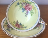 Paragon Yellow Tea Cup and Saucer, Floral Teacup and Saucer, Vintage English Bone China, Double Warrant