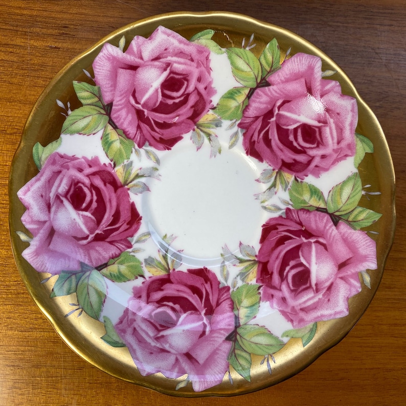 Rare Aynsley Roses Tea Cup and Saucer, Large Pink Cabbage Rose China Teacup and Saucer, Flaw sold as is image 6