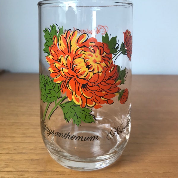 Vintage Drinking Glass, Flower of the Month Series November Chrysanthemum, Orange Floral Glass Cup, Birthday Gift