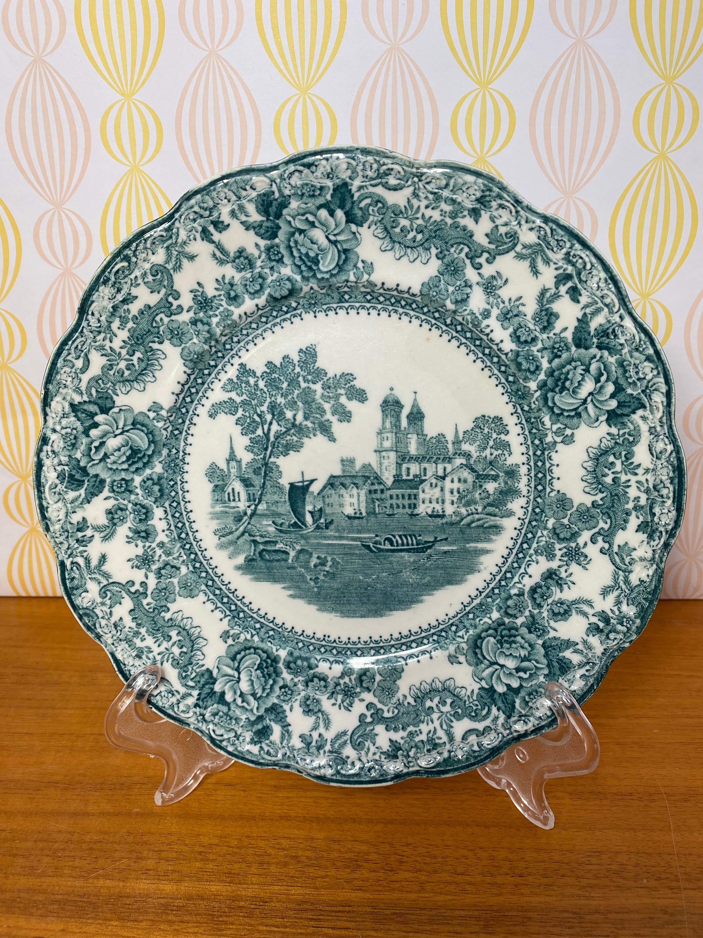 Antique Plate Colonial Pottery Stoke England, TOGO Turquoise Blue/green  Plate, Floral Scenic Boat Decorative Plate 1890-1925 