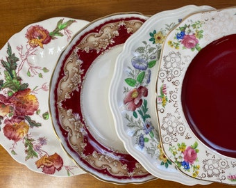 Mismatched Ceramic Plate set, Red Floral Side Plates, Bread and Butter size Royal Doulton Grindley HK Tunstall Earthenware Pottery Plates
