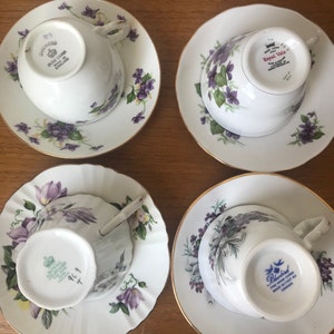 Purple Floral Teacups and Saucers, Violets and Flower Tea Cups and Saucers, Bone China Mismatched Tea Set image 6