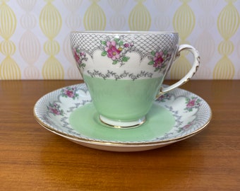 Royal Grafton Vintage Teacup and Saucer, Pastel Mint Green Tea Cup and Saucer with Pink Roses and Grey Lace, Bridal Shower Wedding Gift