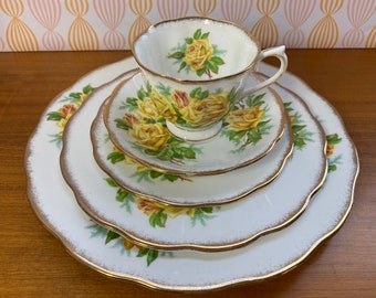 Yellow "Tea Rose" Royal Albert Dinnerware Set, Yellow Roses Green Leaves Tea Cup, Saucer, Bread and Butter, Salad and Dinner Plate