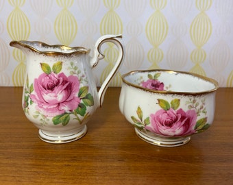 Royal Albert "American Beauty" Bone China, Vintage Cream and Sugar set, Small Pink Rose Creamer and Sugar Bowl, Milk Pitcher