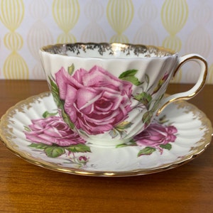 Aynsley Roses Cup and Saucer, Large Pink Cabbage Rose Teacup and Saucer image 1