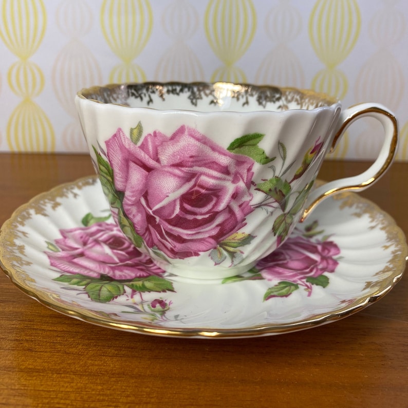 Aynsley Roses Cup and Saucer, Large Pink Cabbage Rose Teacup and Saucer image 1