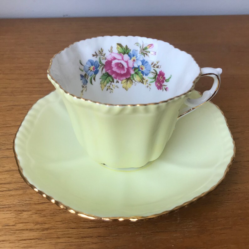 Royal Grafton Yellow Teacup and Saucer, Floral English Tea Cup and Saucer image 1