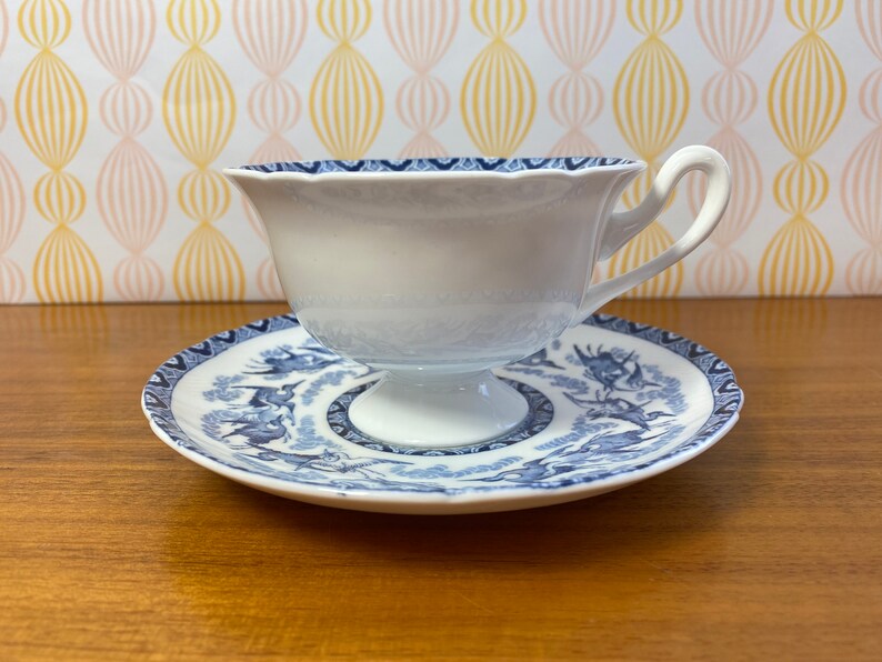 Imperfect Shelley Tea Cup and Saucer, Blue and White China Bird Teacup and Saucer image 2