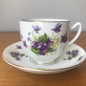 Purple Floral Teacups and Saucers, Violets and Flower Tea Cups and Saucers, Bone China Mismatched Tea Set image 7