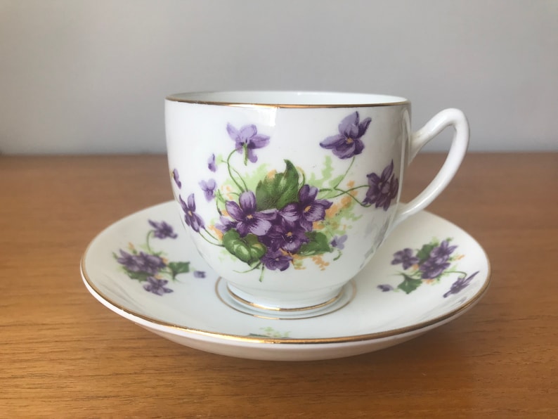 Purple Floral Teacups and Saucers, Violets and Flower Tea Cups and Saucers, Bone China Mismatched Tea Set image 7