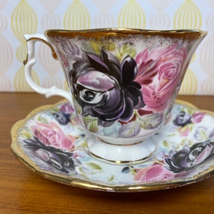 Summer Bounty Series Tourmaline Teacup and Saucer, Royal Albert China Tea Cup and Saucer with Pink and Purple Roses and Heavy Gold image 3