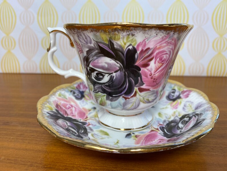 Summer Bounty Series Tourmaline Teacup and Saucer, Royal Albert China Tea Cup and Saucer with Pink and Purple Roses and Heavy Gold image 3