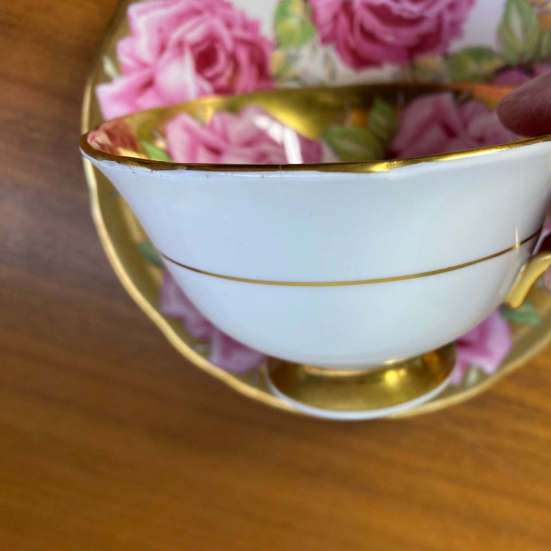 Rare Aynsley Roses Tea Cup and Saucer, Large Pink Cabbage Rose China Teacup and Saucer, Flaw sold as is image 4