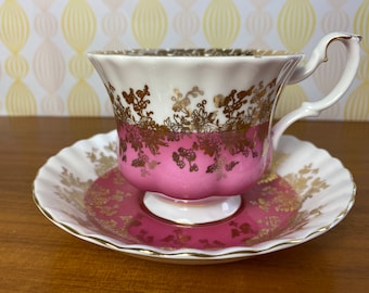 Royal Albert China Regal Series Tea Cup and Saucer, Bright Pink Teacup and Saucer, Bone China, *manufacturing flaws