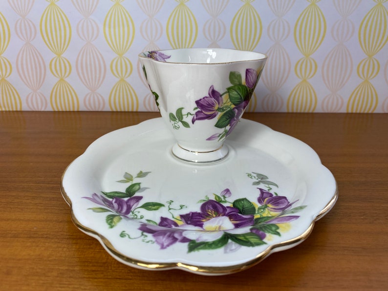 Windsor and Royal Dogwood China Teacup and Snack Plate, Purple and White Clematis Tea Cup and Plate image 2