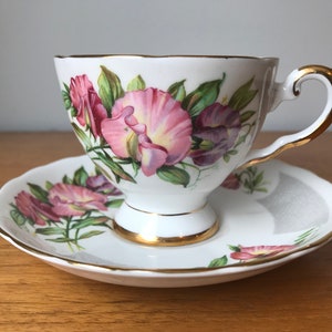 Tuscan Birthday Flowers April's Sweet Pea China Tea Cup and Saucer, Pink and Purple Sweet Peas Teacup and Saucer, Flower of the Month image 1