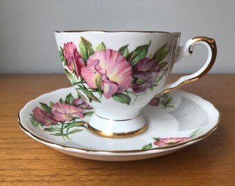 Tuscan Birthday Flowers "April's Sweet Pea" China Tea Cup and Saucer, Pink and Purple Sweet Peas Teacup and Saucer, Flower of the Month