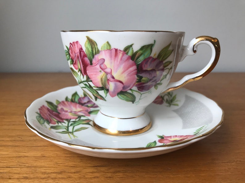 Tuscan Birthday Flowers April's Sweet Pea China Tea Cup and Saucer, Pink and Purple Sweet Peas Teacup and Saucer, Flower of the Month image 1