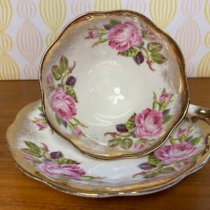 Royal Standard Pink Roses Tea Cup and Saucer, Heavy Gold Bone China Teacup and Saucer image 1