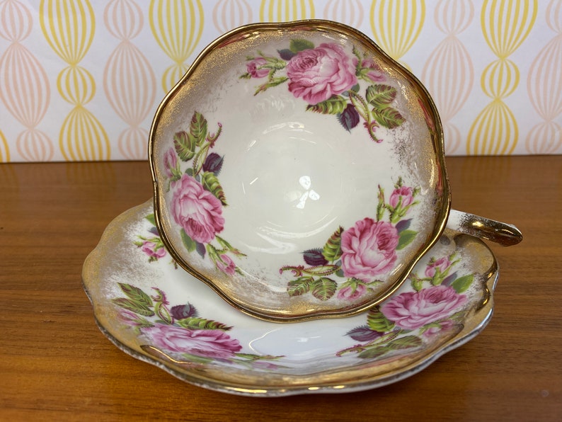 Royal Standard Pink Roses Tea Cup and Saucer, Heavy Gold Bone China Teacup and Saucer image 1