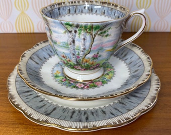 Royal Albert "Silver Birch" Vintage Teacup Trio, Birch Bark Trees Scene, Tea Cup and Saucer and Side Plate, Floral English Bone China