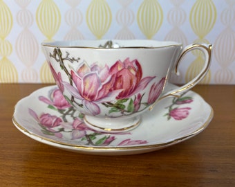 Roslyn "Magnolia" Tea Cup and Saucer, Bone China Pink Flowers Brown Branches Teacup and Saucer