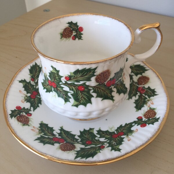 Queens Rosina China "Yuletide" Vintage Teacup and Saucer, Green Holly, Brown Pinecone, Red Berries Tea Cup and Saucer, Christmas Gift