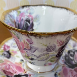 Summer Bounty Series Tourmaline Teacup and Saucer, Royal Albert China Tea Cup and Saucer with Pink and Purple Roses and Heavy Gold image 6