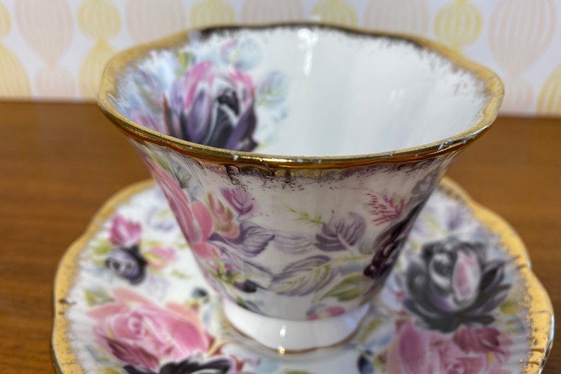 Summer Bounty Series Tourmaline Teacup and Saucer, Royal Albert China Tea Cup and Saucer with Pink and Purple Roses and Heavy Gold image 6