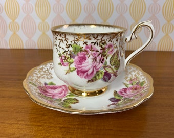 Royal Albert Large Pink Rose Tea Cup and Saucer, English Bone China Gold Overlay Teacup and Saucer, Hampton Shape 1950s