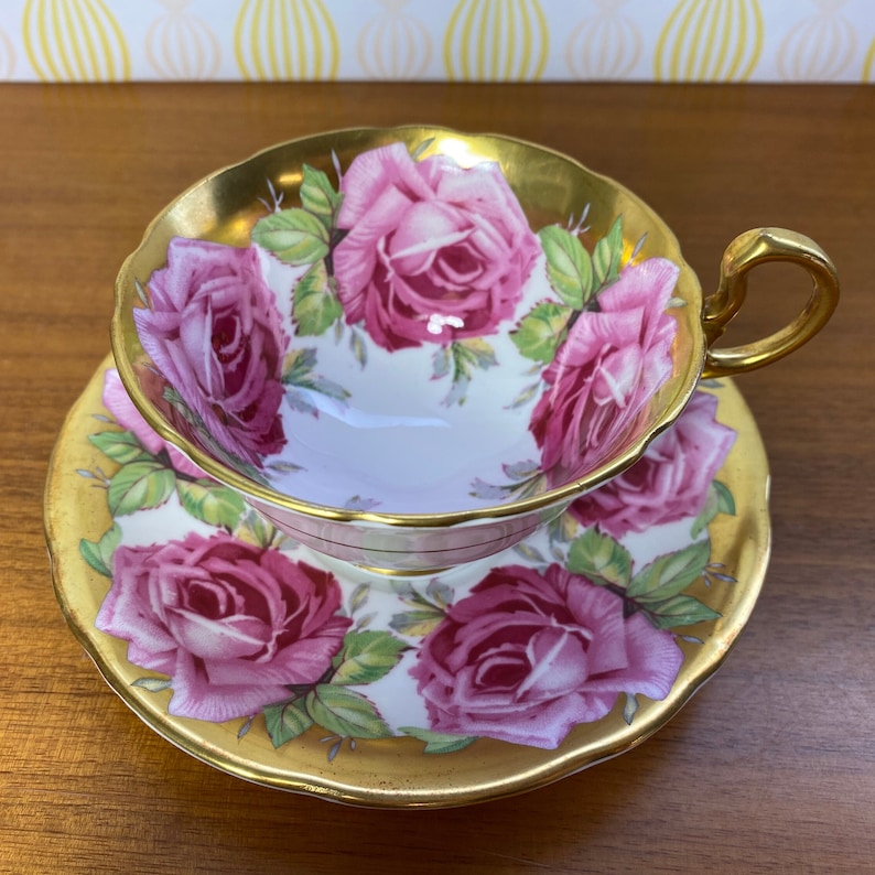 Rare Aynsley Roses Tea Cup and Saucer, Large Pink Cabbage Rose China Teacup and Saucer, Flaw sold as is image 10