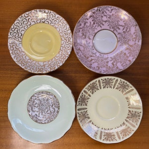 Pastel Tea Cups and Saucers with Gold Overlay, Mismatched Lot of Teacups and Saucers image 4