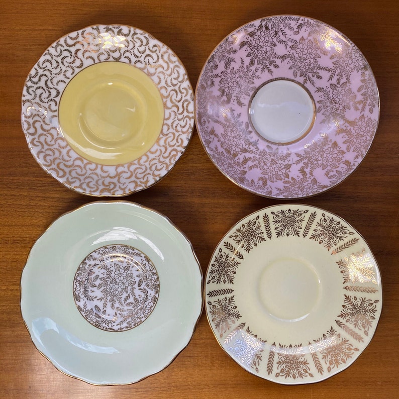 Pastel Tea Cups and Saucers with Gold Overlay, Mismatched Lot of Teacups and Saucers image 4