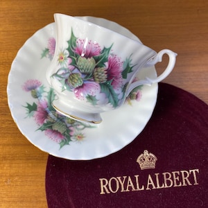 Royal Albert Summertime Series Bone China Tea Cup and Saucer, Purple Pink Thistle Teacup and Saucer image 1