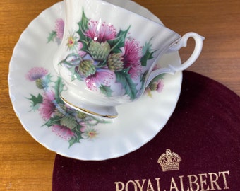 Royal Albert Summertime Series Bone China Tea Cup and Saucer, Purple Pink Thistle Teacup and Saucer